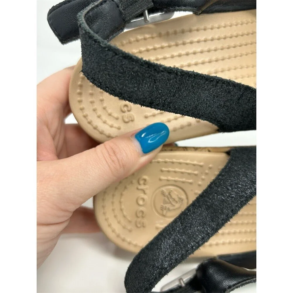 Crocs A-Leigh Womens Black Slingback Wedge Sandals Peep Toe Crisscross Size 7